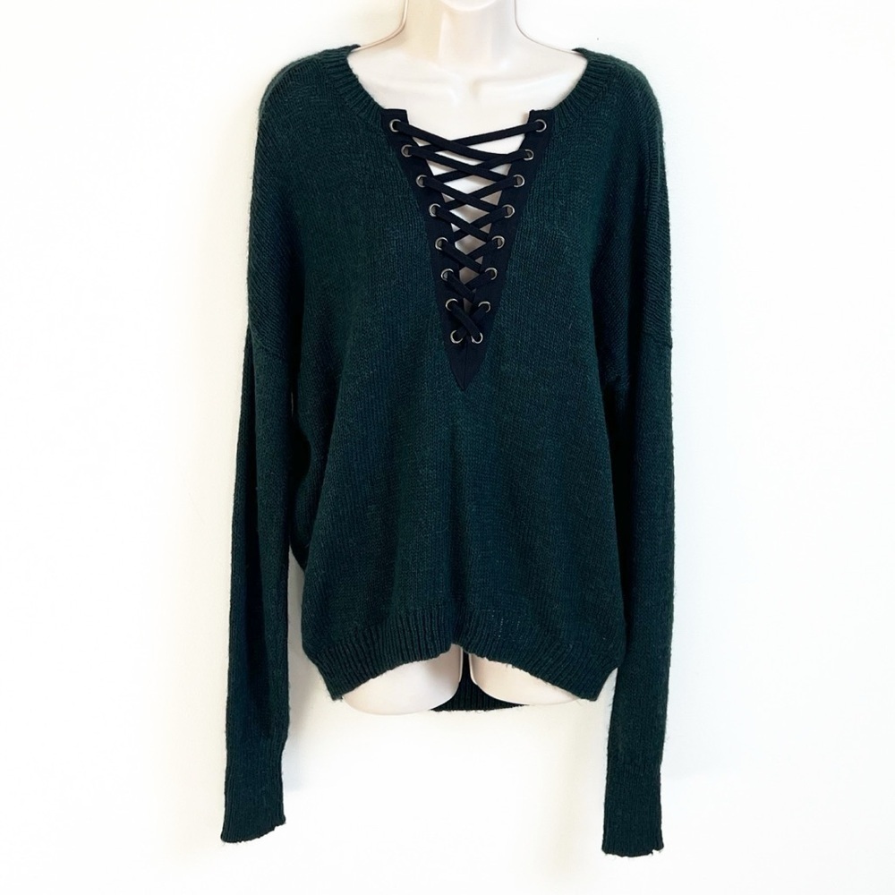 NWT Express Lace Up Deep V Neck Hi Low Green Knit Sweater Pullover Medium